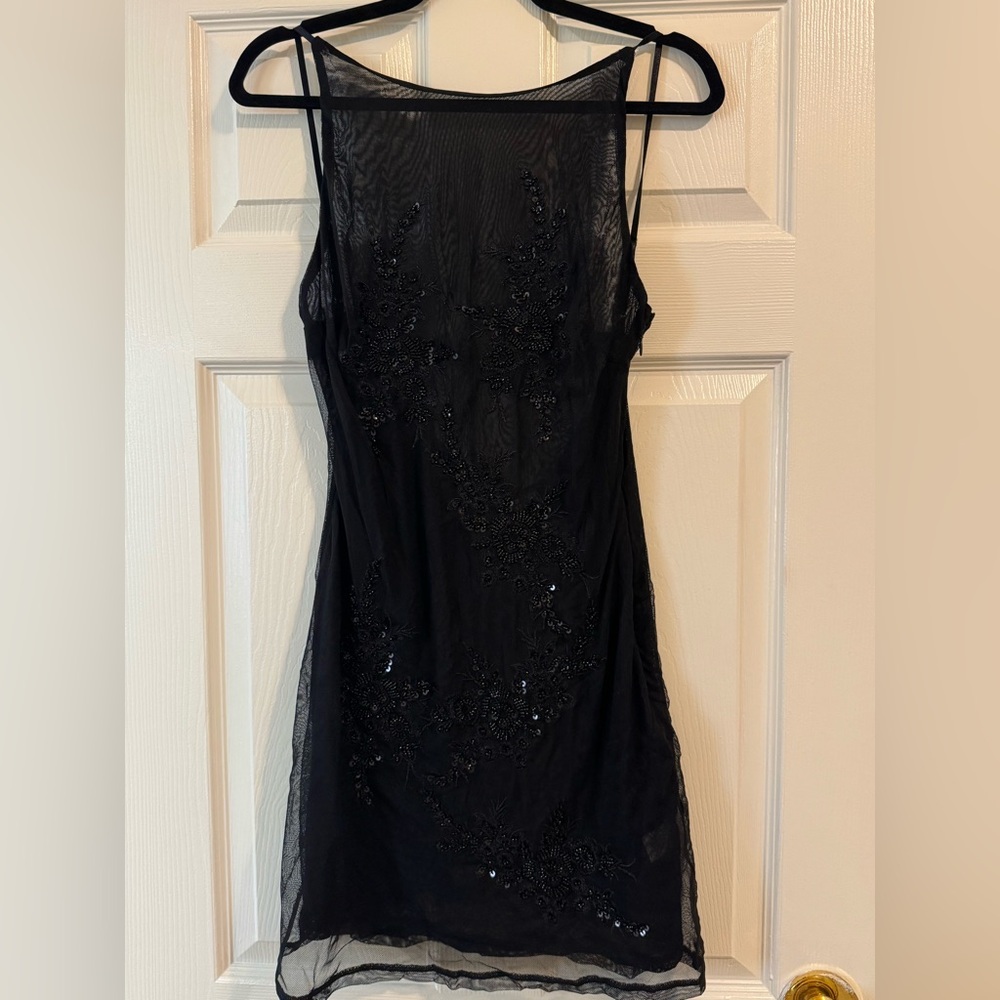 NWT MESHKI Fallon Embroidered Mesh Mini Dress Black Large - Picture 3 of 7